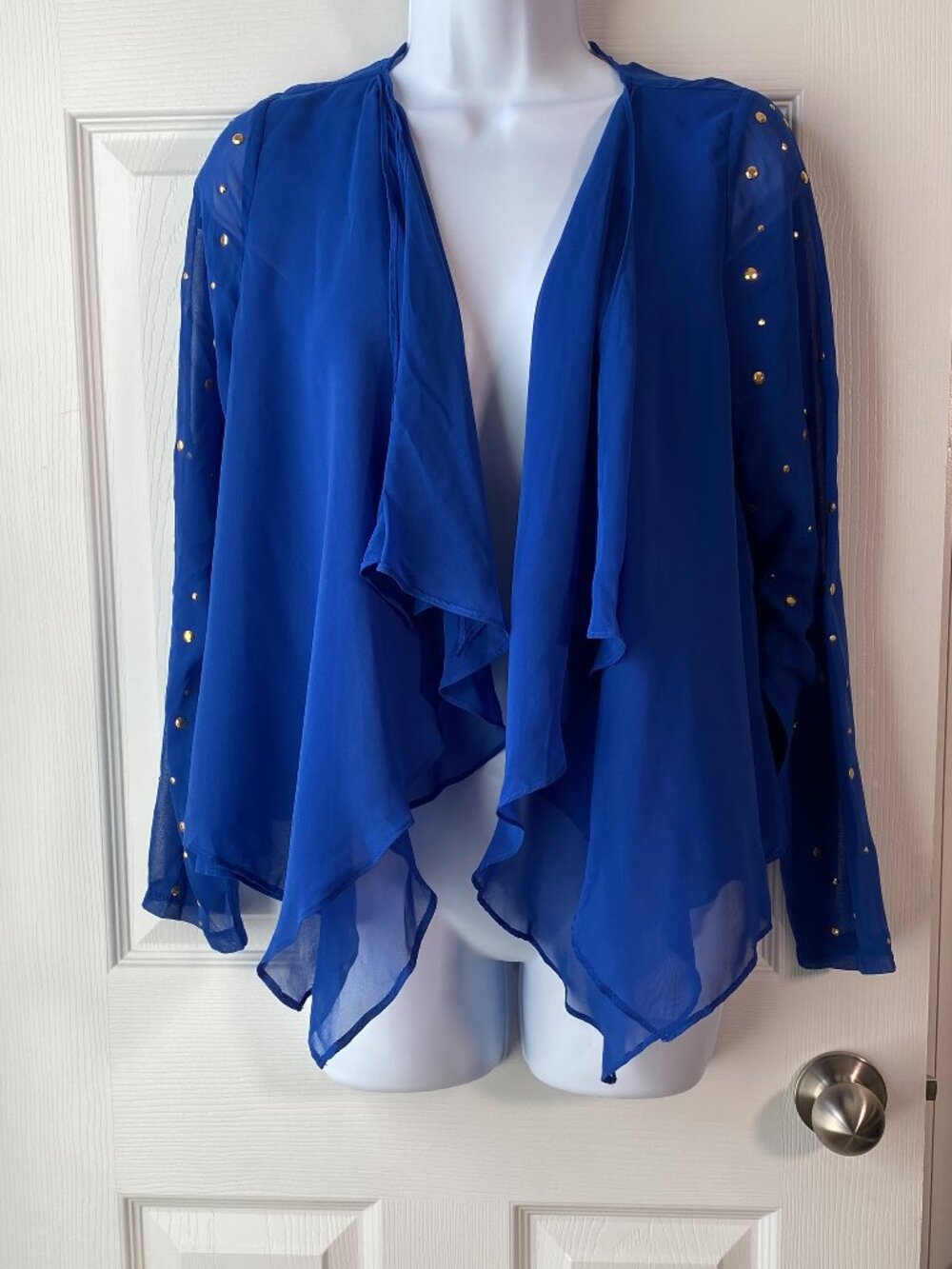 Marineblu | Royal Blue Sheer Chiffon Gold Studded Open Front Cardigan | Size S